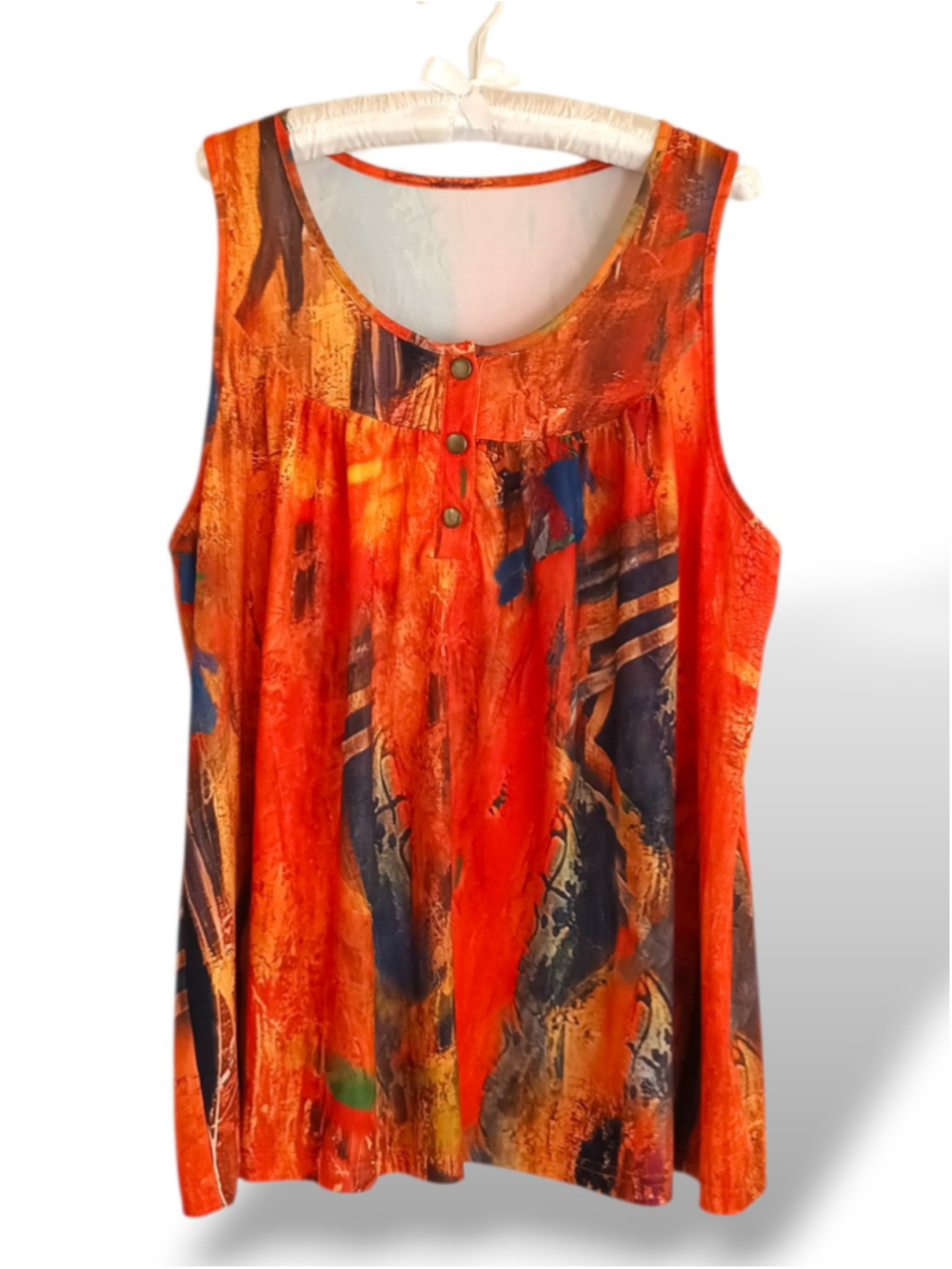 Orange Abstract Print Sleeveless Tank Top scoop neck button down flowy plus size